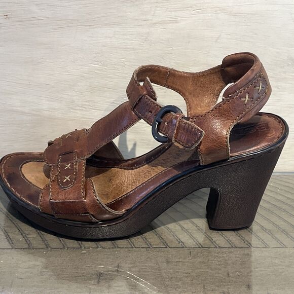 BORN Leather Sandals Heels Strappy Platform BOHO Brown Womens Size 7 buckle leat - Picture 7 of 9